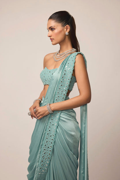 Powder Blue Satin Draped Saree Set