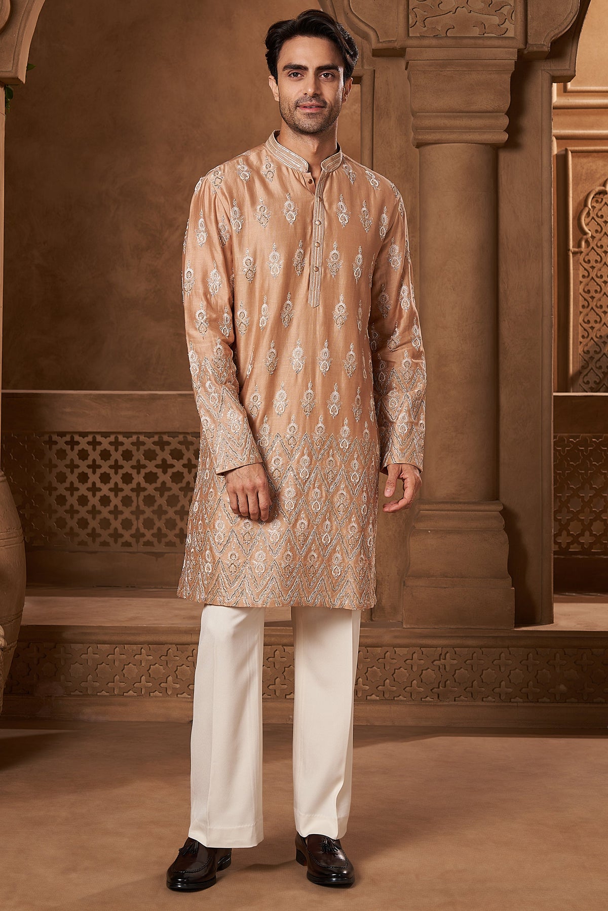 Peach Chanderi Resham Motif Kurta Set