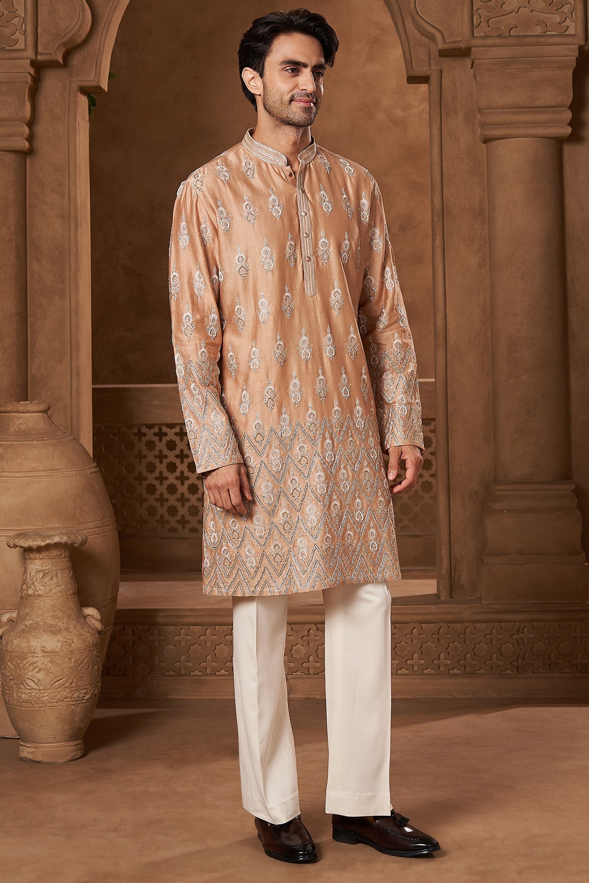 Peach Chanderi Resham Motif Kurta Set