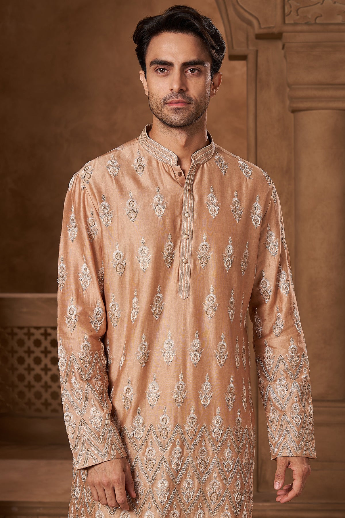 Peach Chanderi Resham Motif Kurta Set