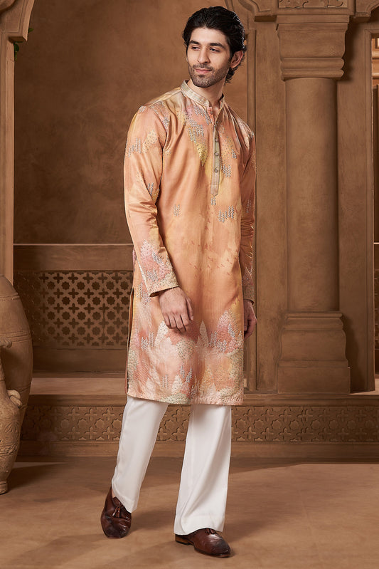 Peach Linen Satin Watercolour Kurta Set