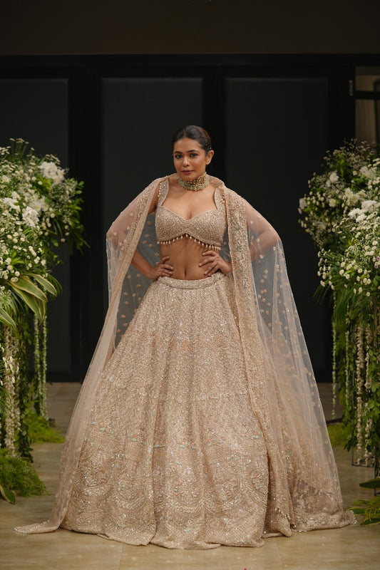 Peach Organza Hand & Machine Sequins Embroidered Lehenga Set