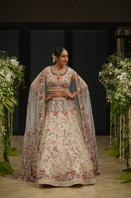 Peach Organza Hand & Machine Sequins Embroidered Lehenga Set