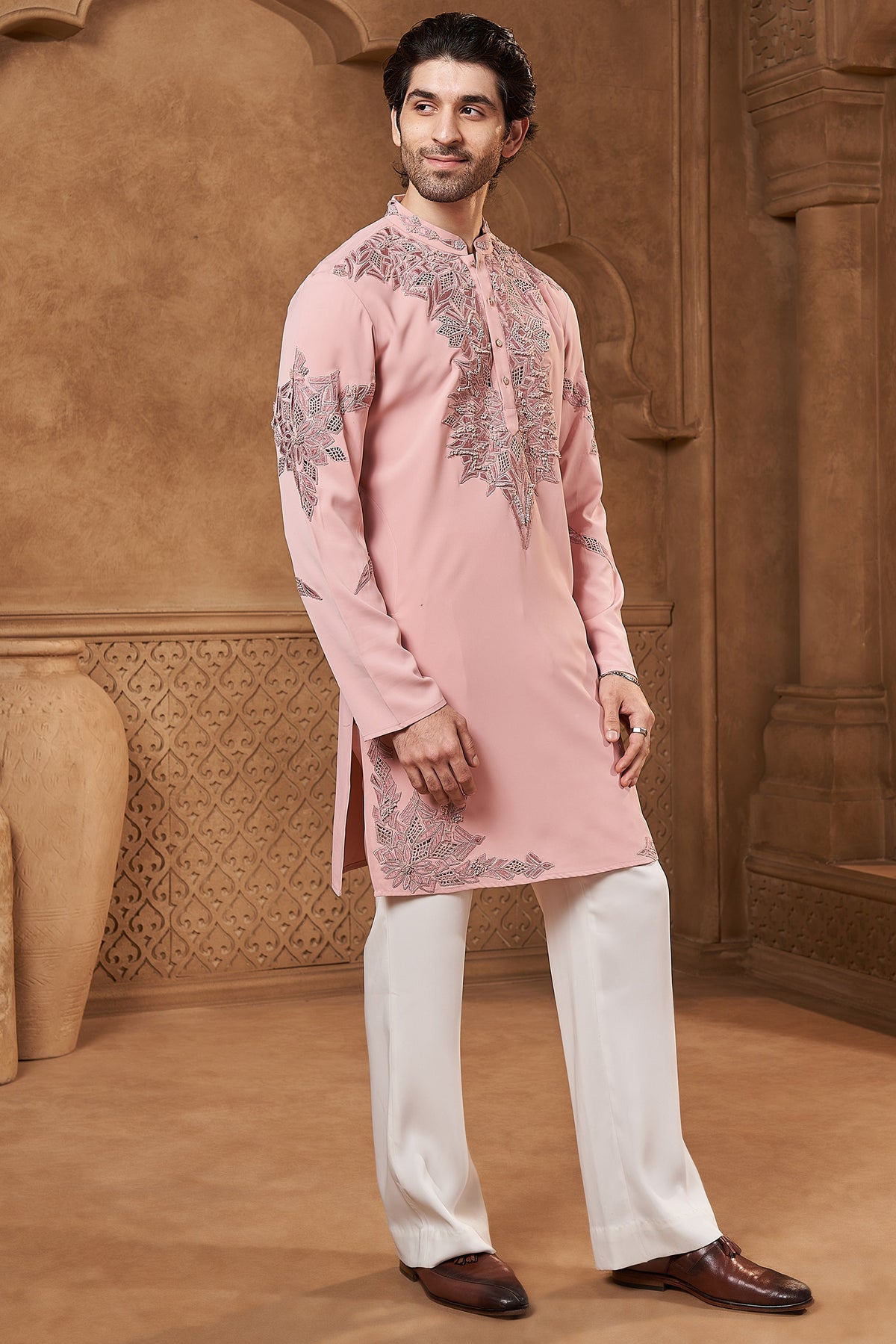 Pink Lachka Laser Cutwork Yoke Kurta Set