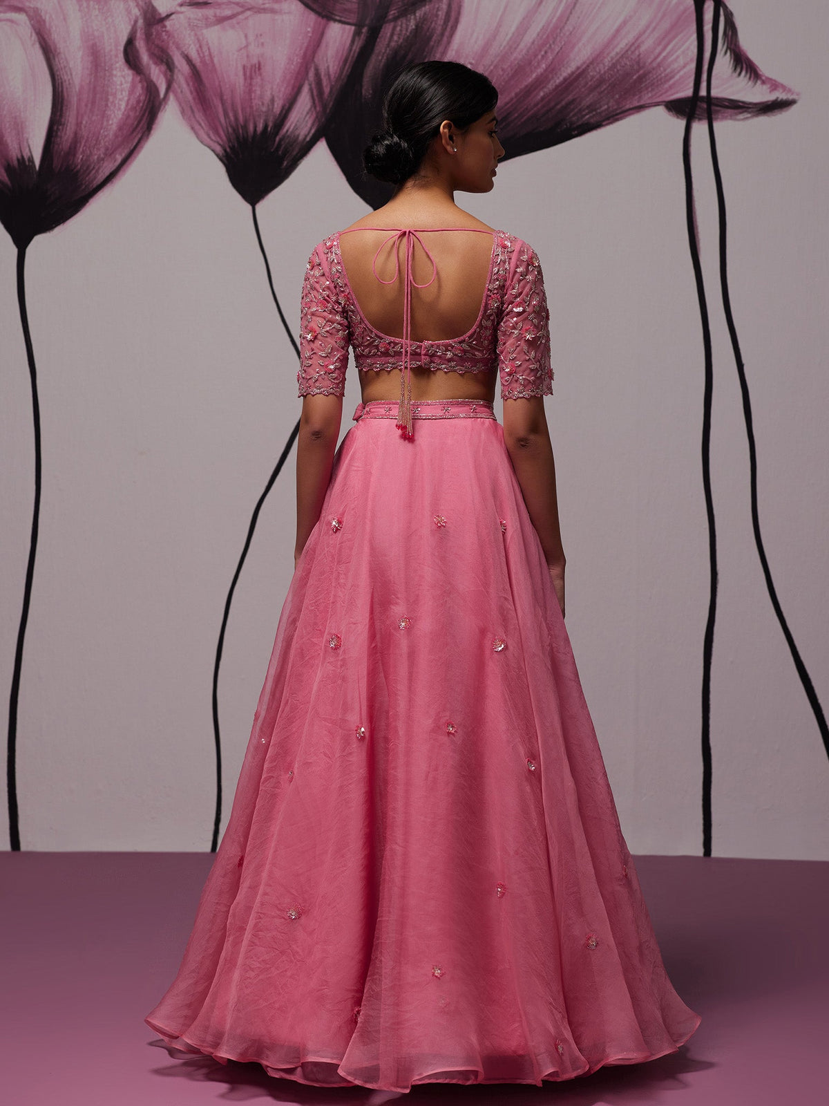 Grandiose Pink Silk Organza Lehenga Set