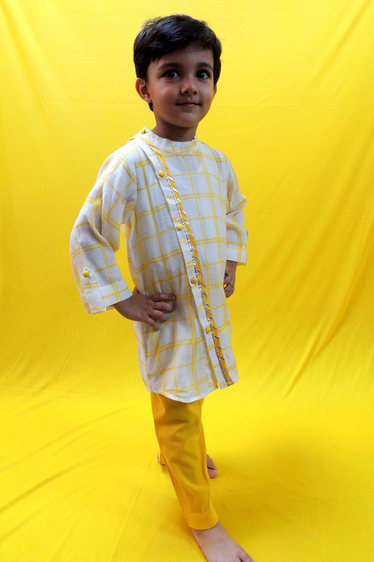 Yellow Pure Chanderi Hand Block Printed Kurta Set For Boys by Pankhuri by Priyanka - Kids at Pernia's Pop Up Shop
