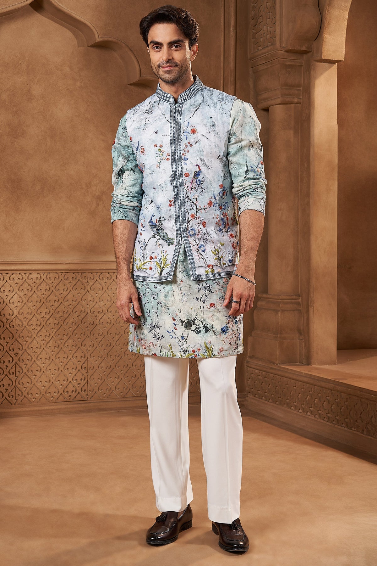 Powder Blue Linen Tropical Animal Print Bundi Set