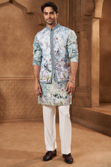 Powder Blue Linen Tropical Animal Print Bundi Set