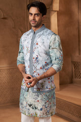 Powder Blue Linen Tropical Animal Print Bundi Set
