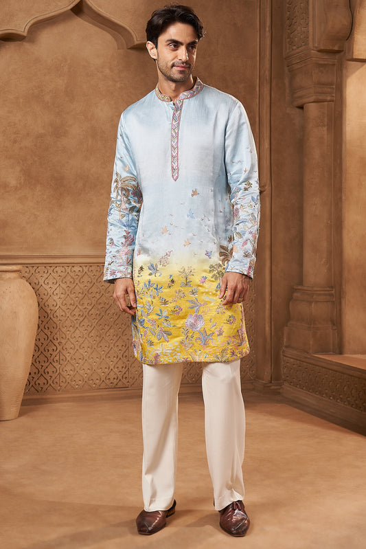 Powder Blue Ombre Floral Kurta Set