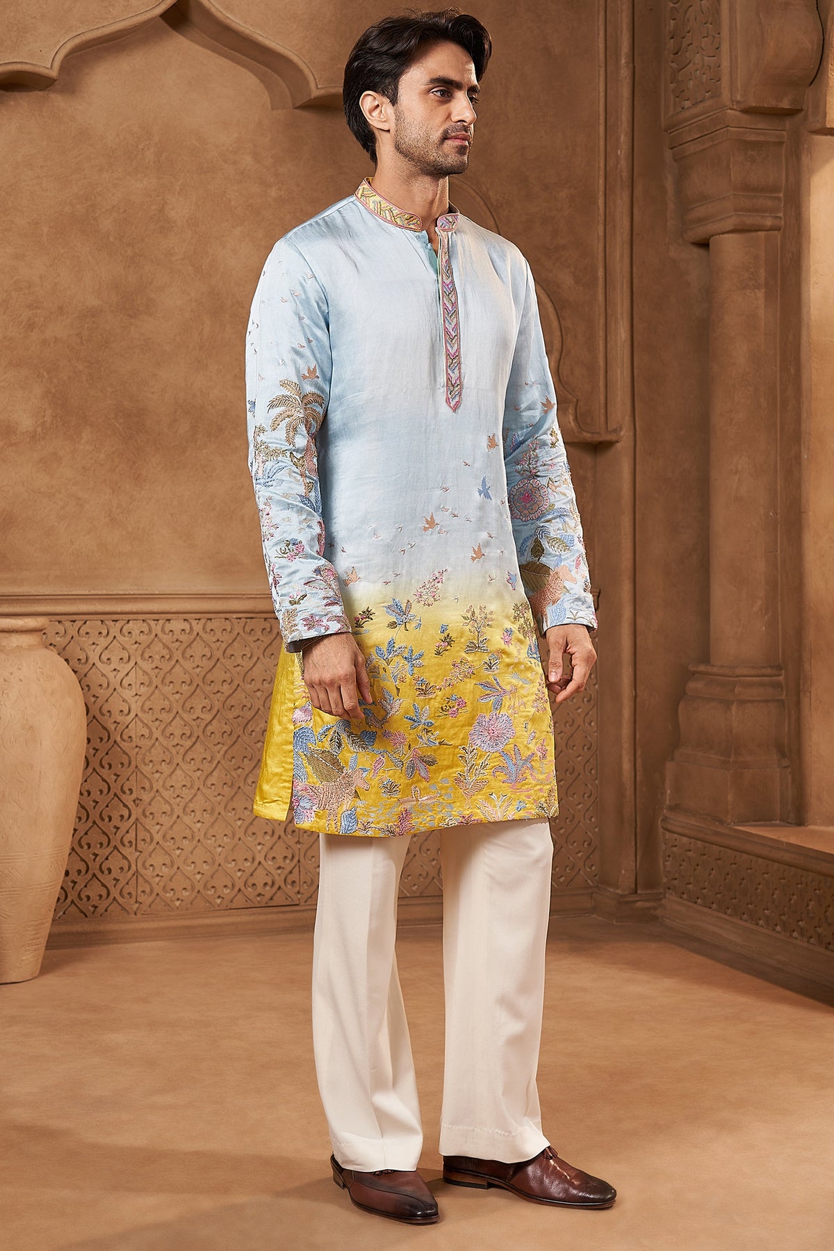 Powder Blue Ombre Floral Kurta Set
