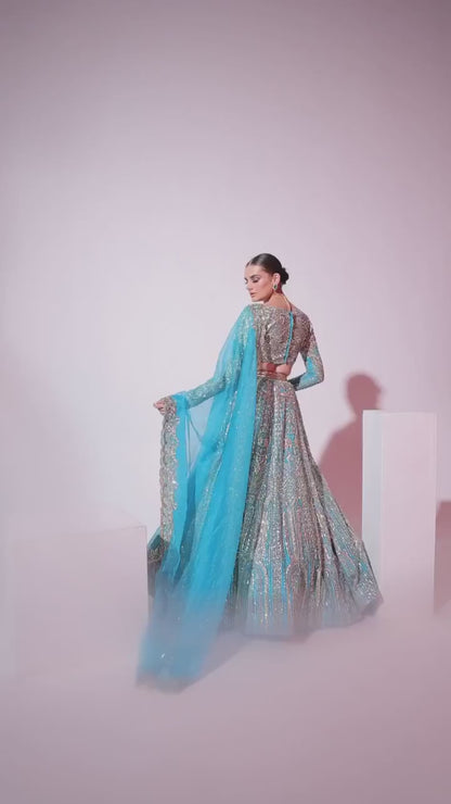 Turquoise Net Sequins & Pearl Embroidered Lehenga Set