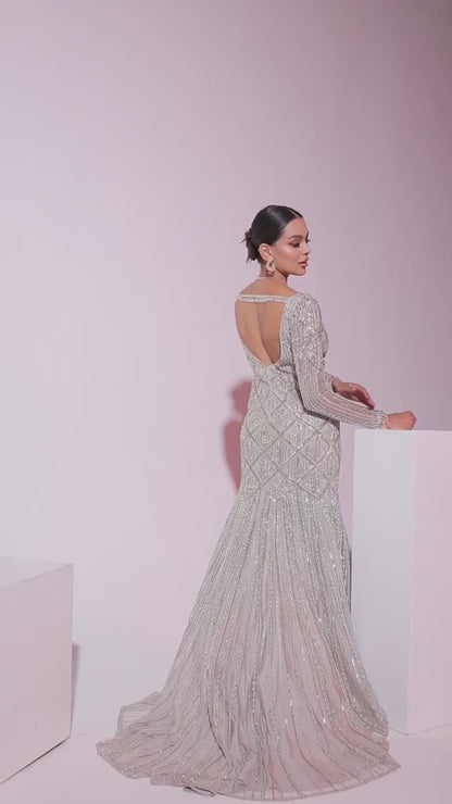 Grey Net Sequins & Pearl Embroidered Gown