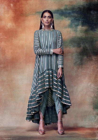 Mud Green High Low Kurta &amp; Dhoti set