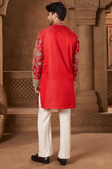 Red Chanderi Mirror Work Kurta Set