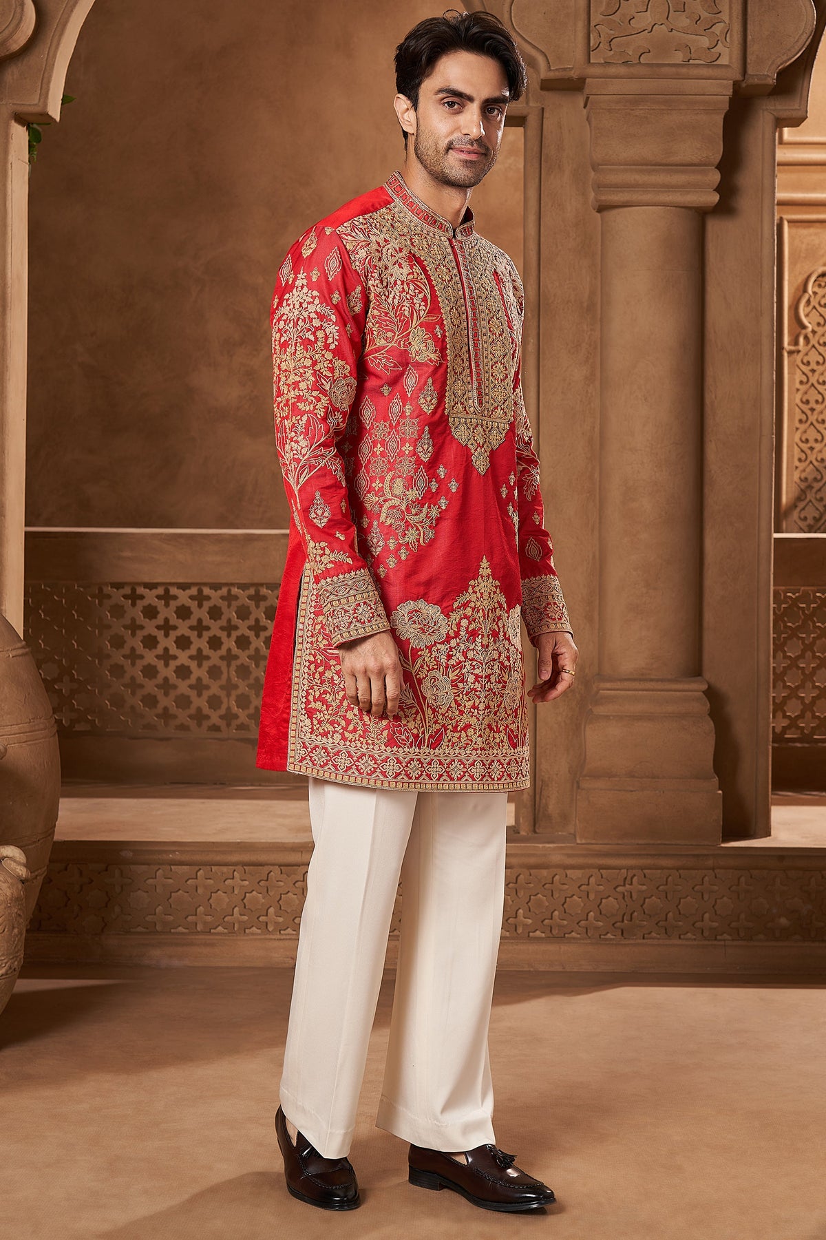 Red Chanderi Mirror Work Kurta Set