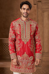 Red Chanderi Mirror Work Kurta Set