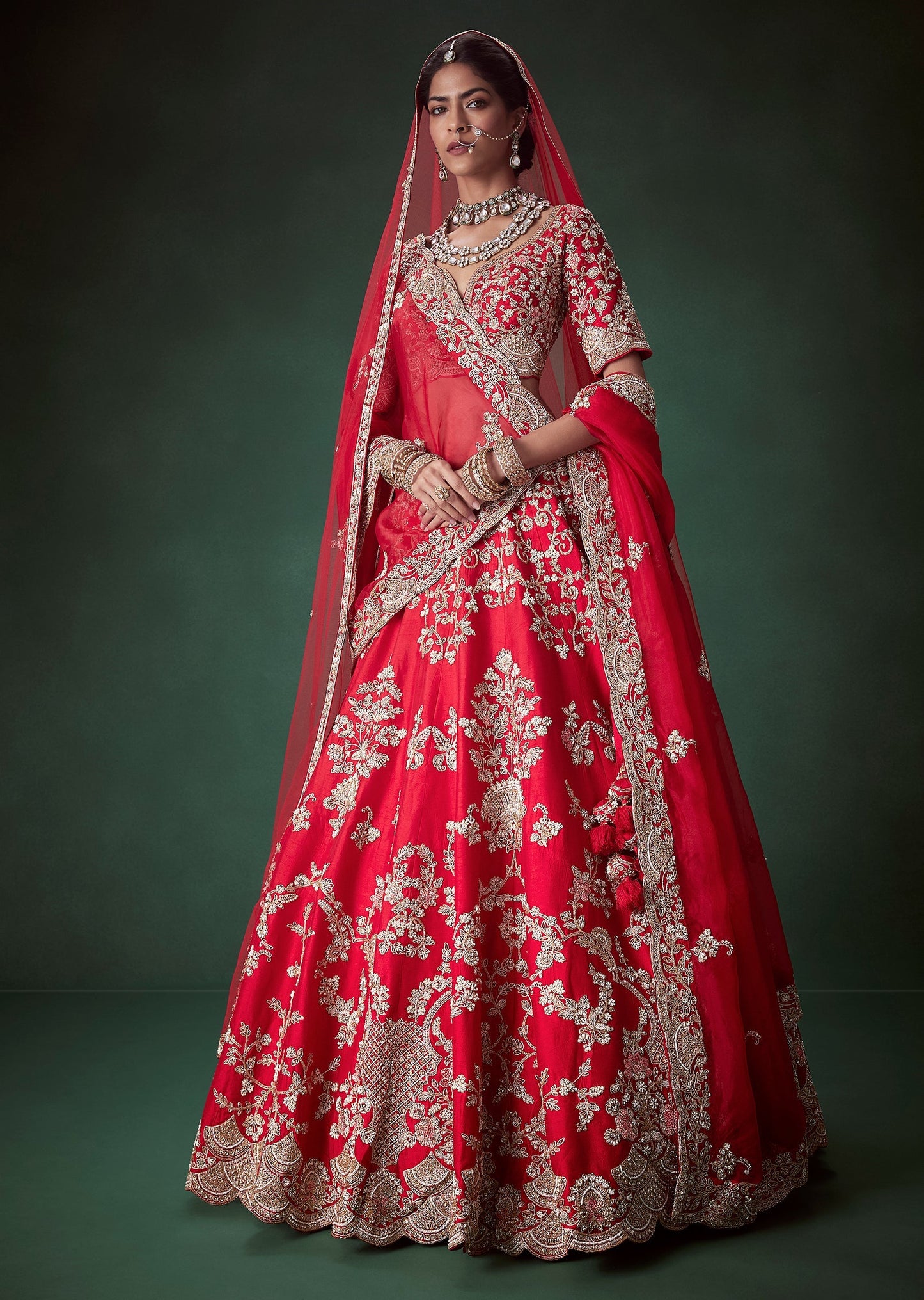 Red Silk Heavy Work Bridal Lehenga Set With Two Dupattas