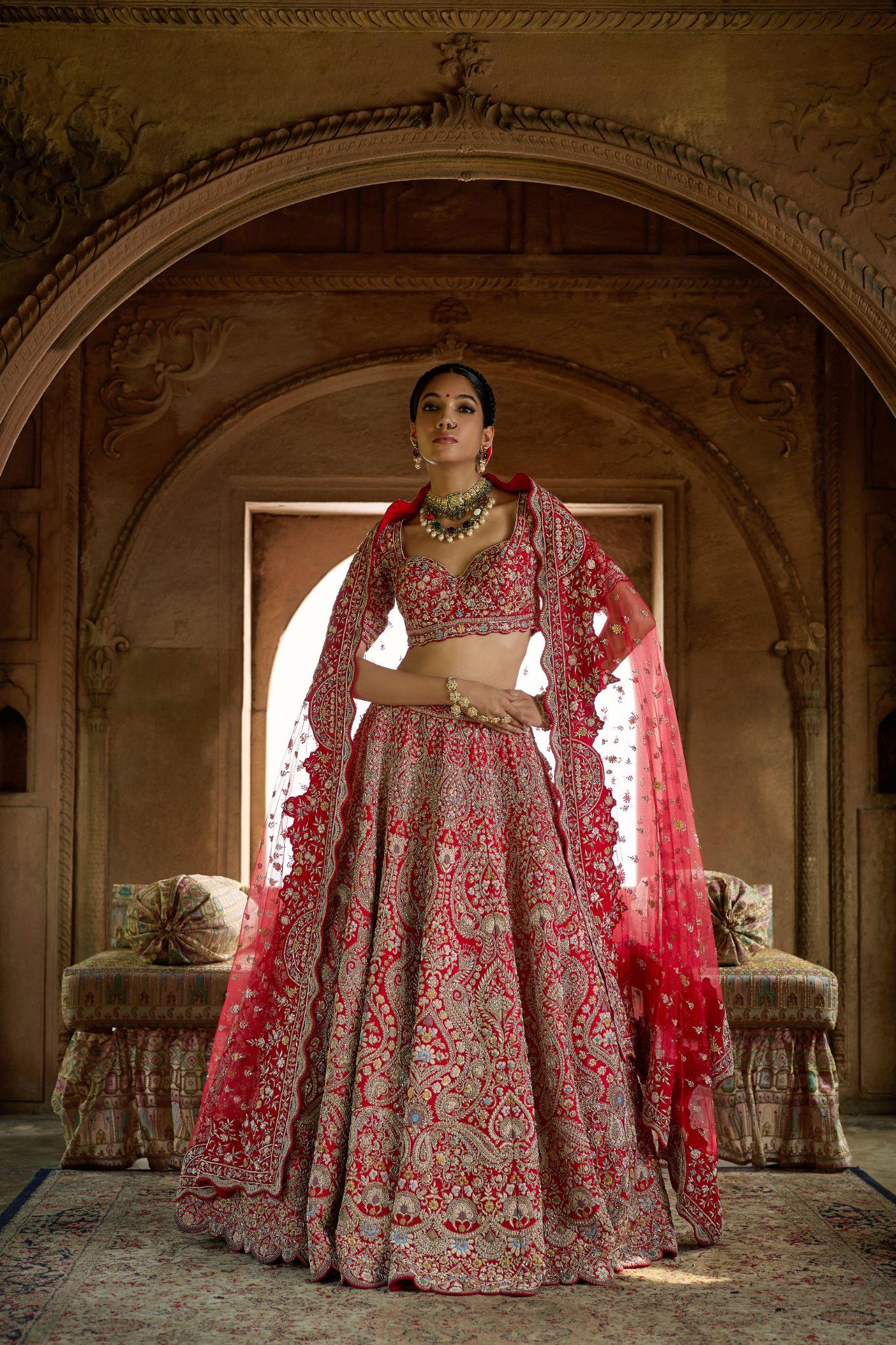 Red Raw Silk Zari Hand & Machine Embroidered Lehenga Set