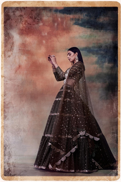 Olive Green Tier Lehenga Set