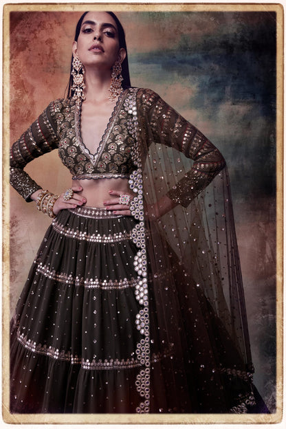 Olive Green Tier Lehenga Set