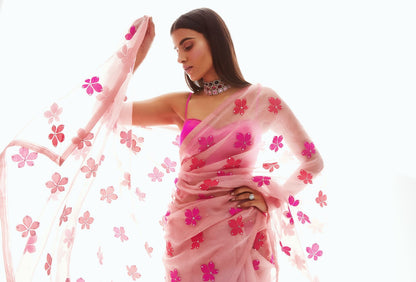 Dusty Rose Applique Organza Saree Set