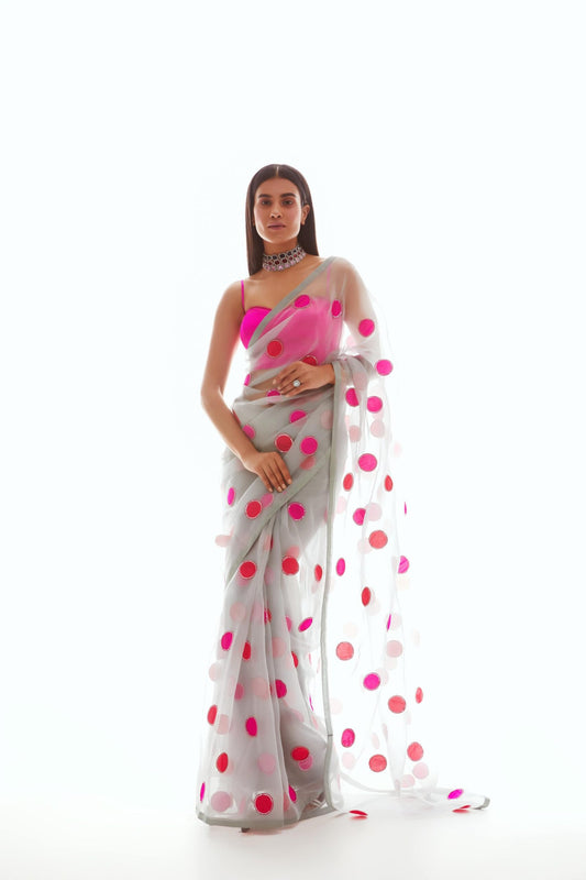 Light Grey Applique Organza Saree Set