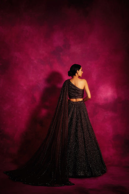 Oxidised Silver one shoulder veil Lehenga Set