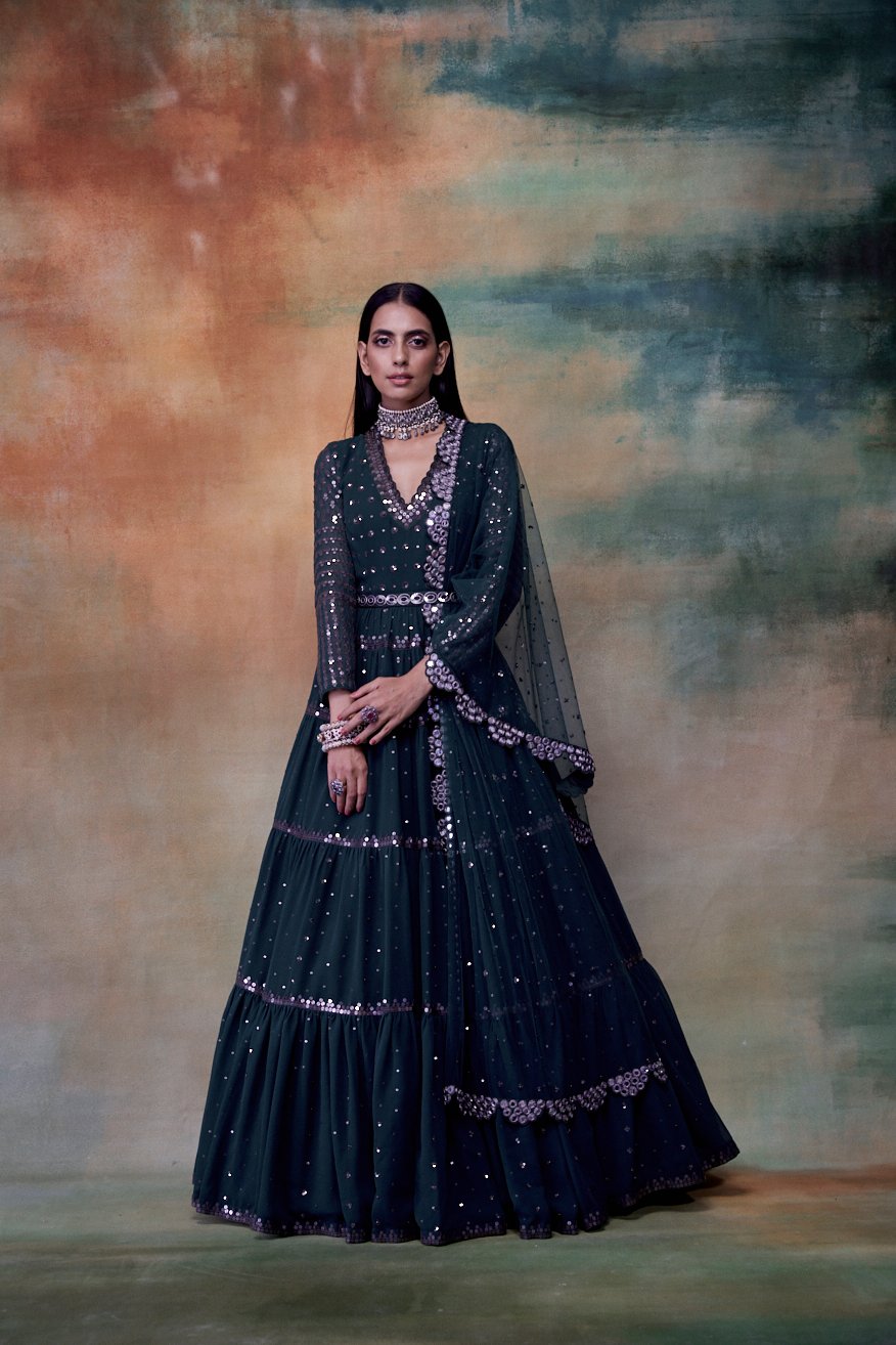 Dark Teal Green Tier Anarkali