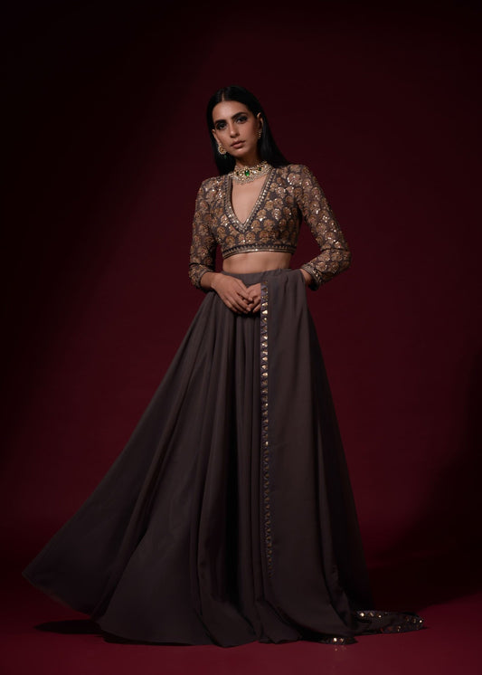 Charcoal Grey Lehenga Pant Set