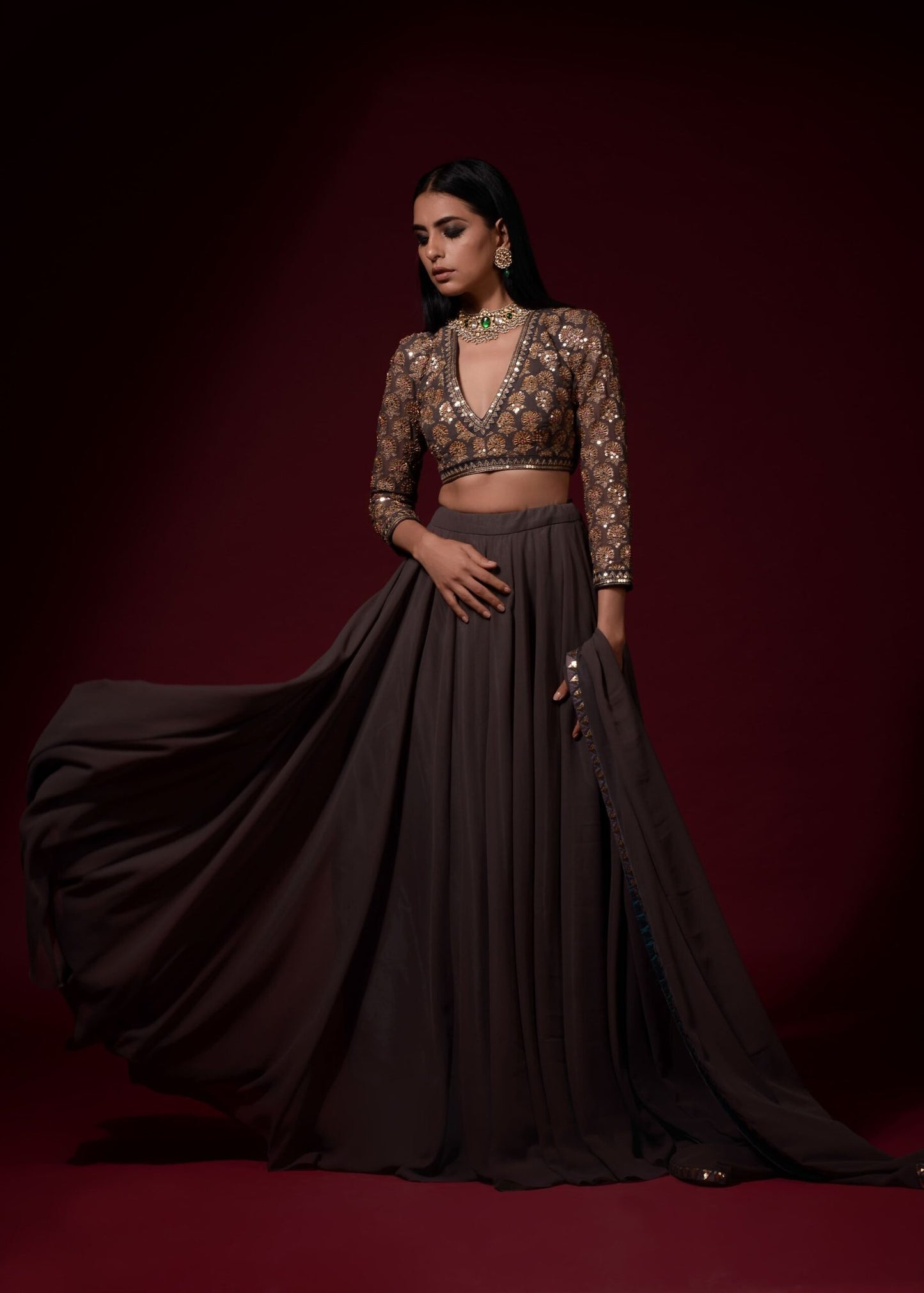 Charcoal Grey Lehenga Pant Set