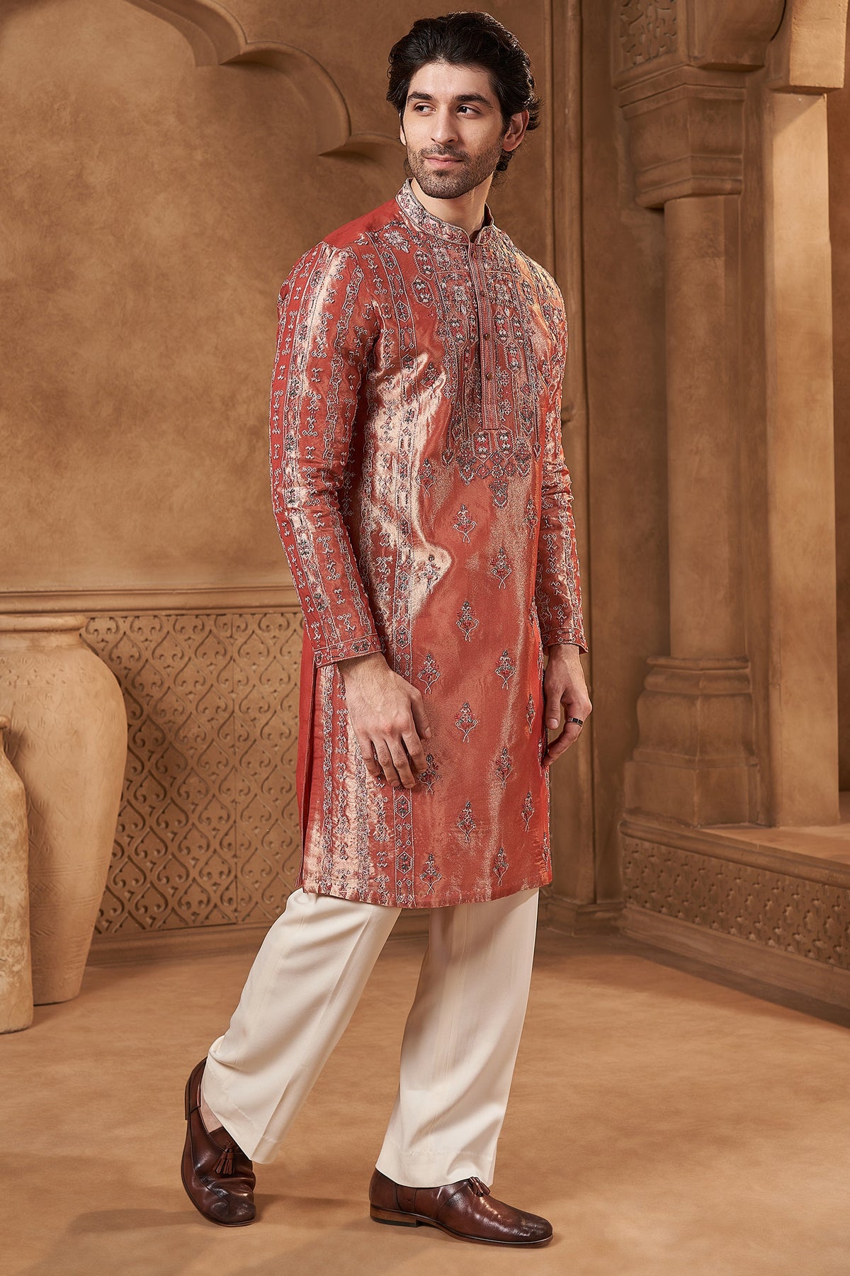 Rose Pink Banarasi Tissue Kurta Set