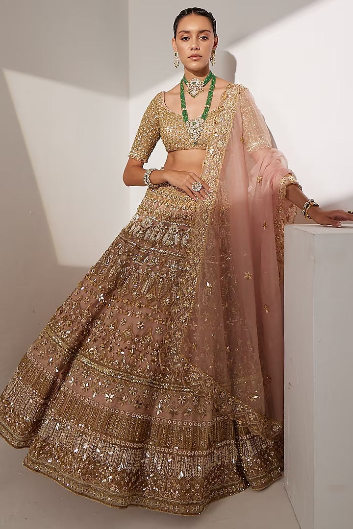Blush pink net sequins & nalki embroidered lehenga set