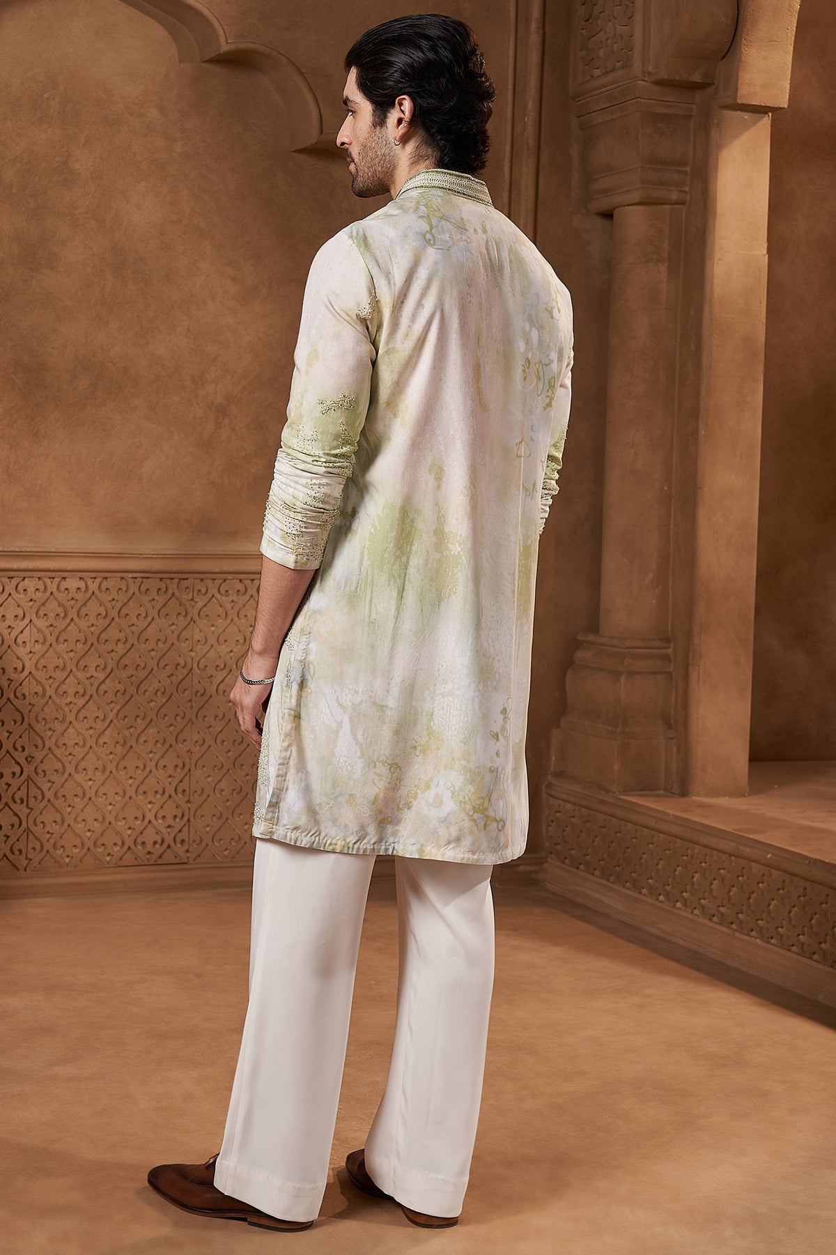 Sage Green Linen Satin Abstract Kurta Set