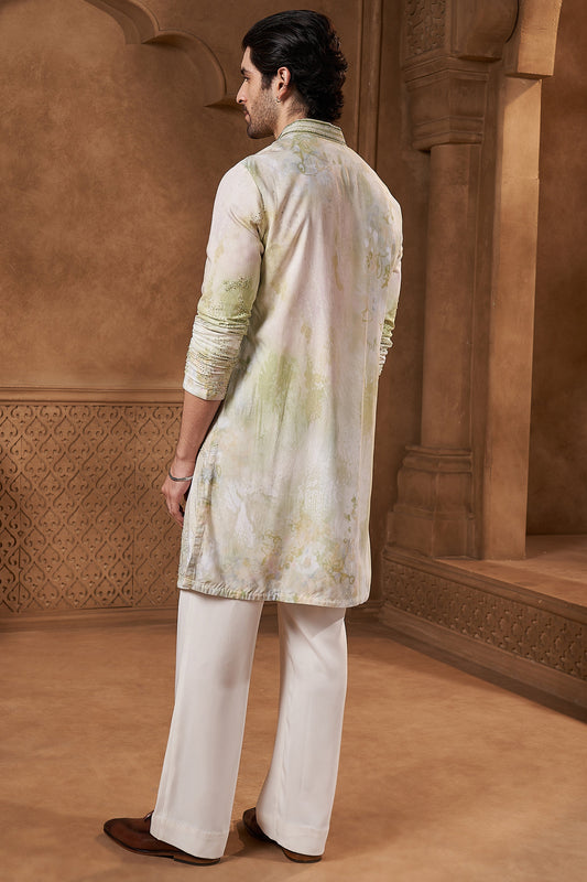 Sage Green Linen Satin Abstract Kurta Set