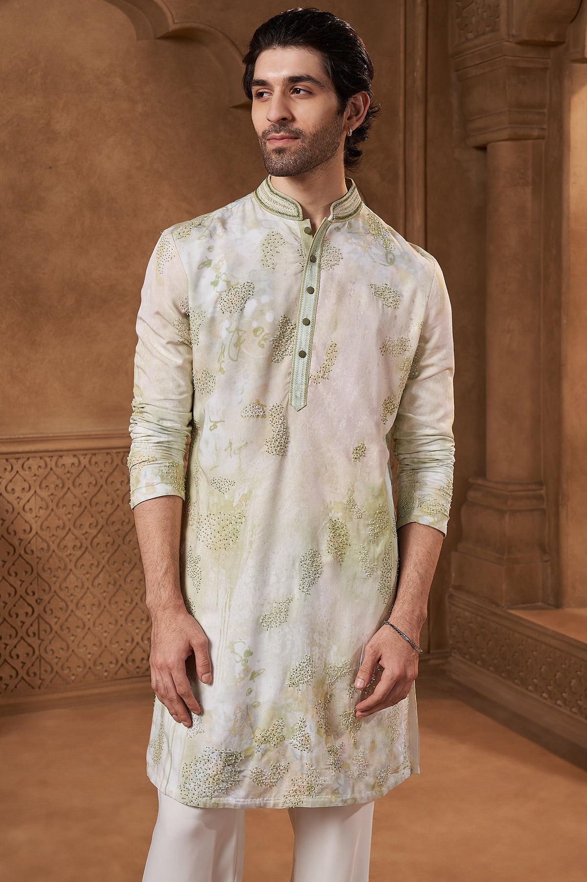 Sage Green Linen Satin Abstract Kurta Set