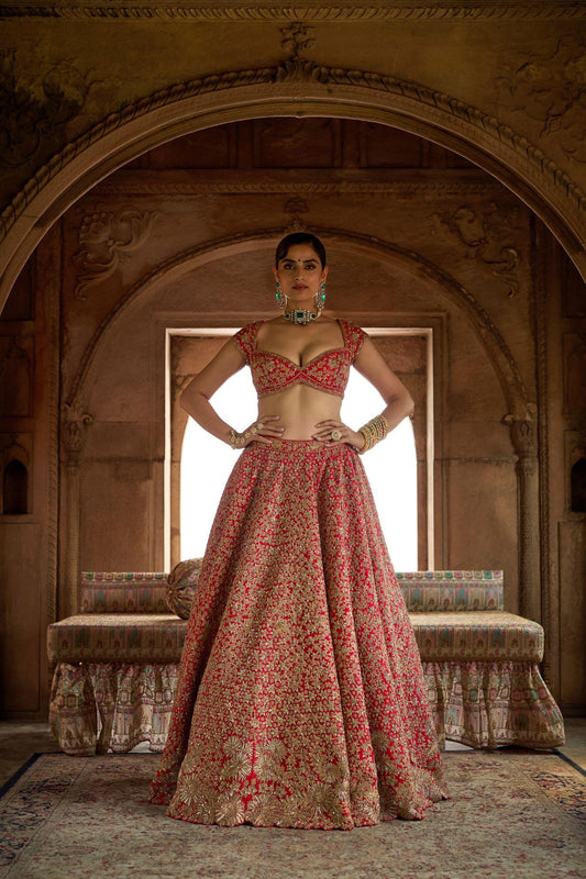 Red Raw Silk Zari Hand & Machine Embroidered Lehenga Set