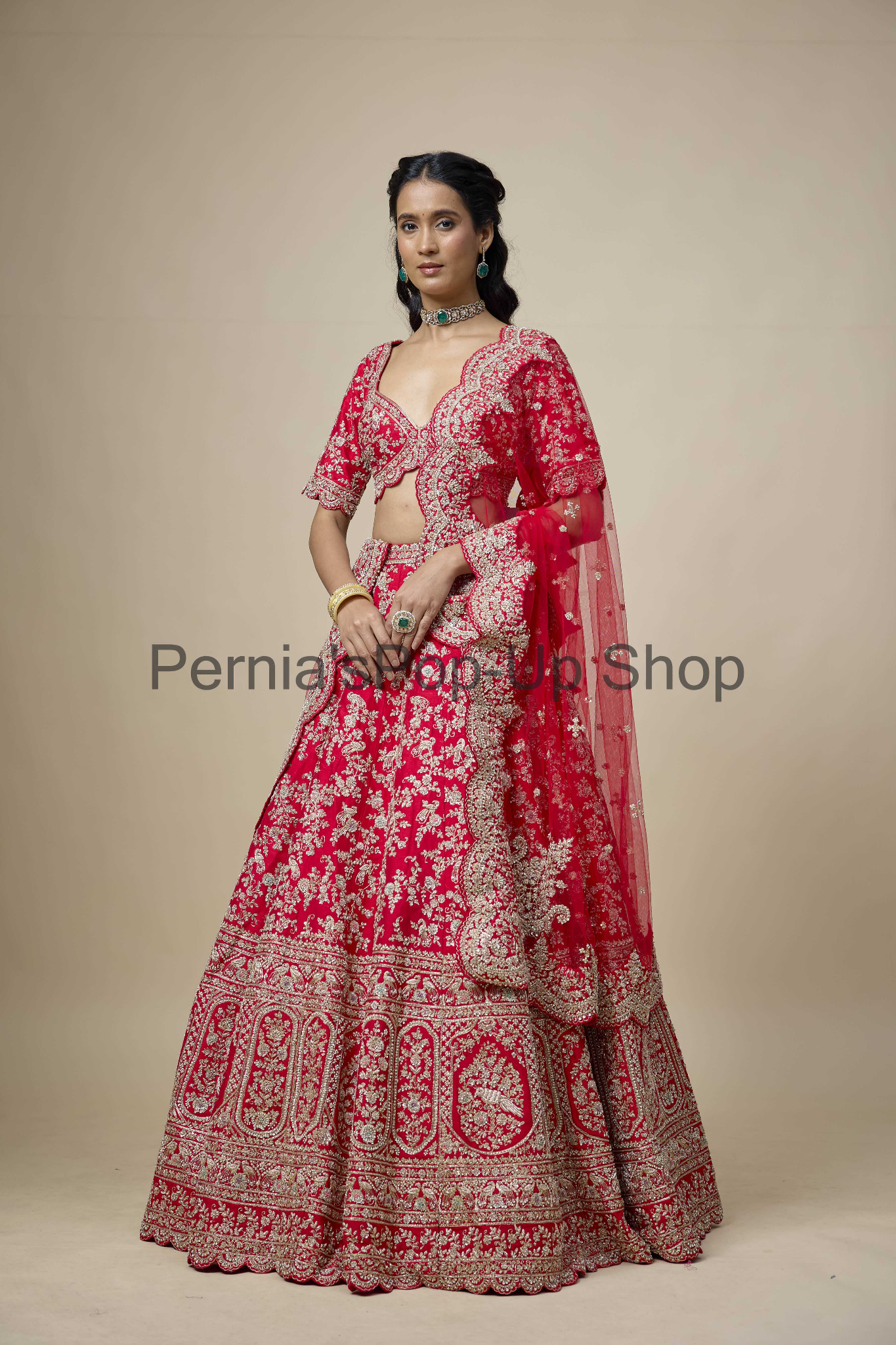 Red Raw Silk Zari Hand & Machine Embroidered Lehenga Set