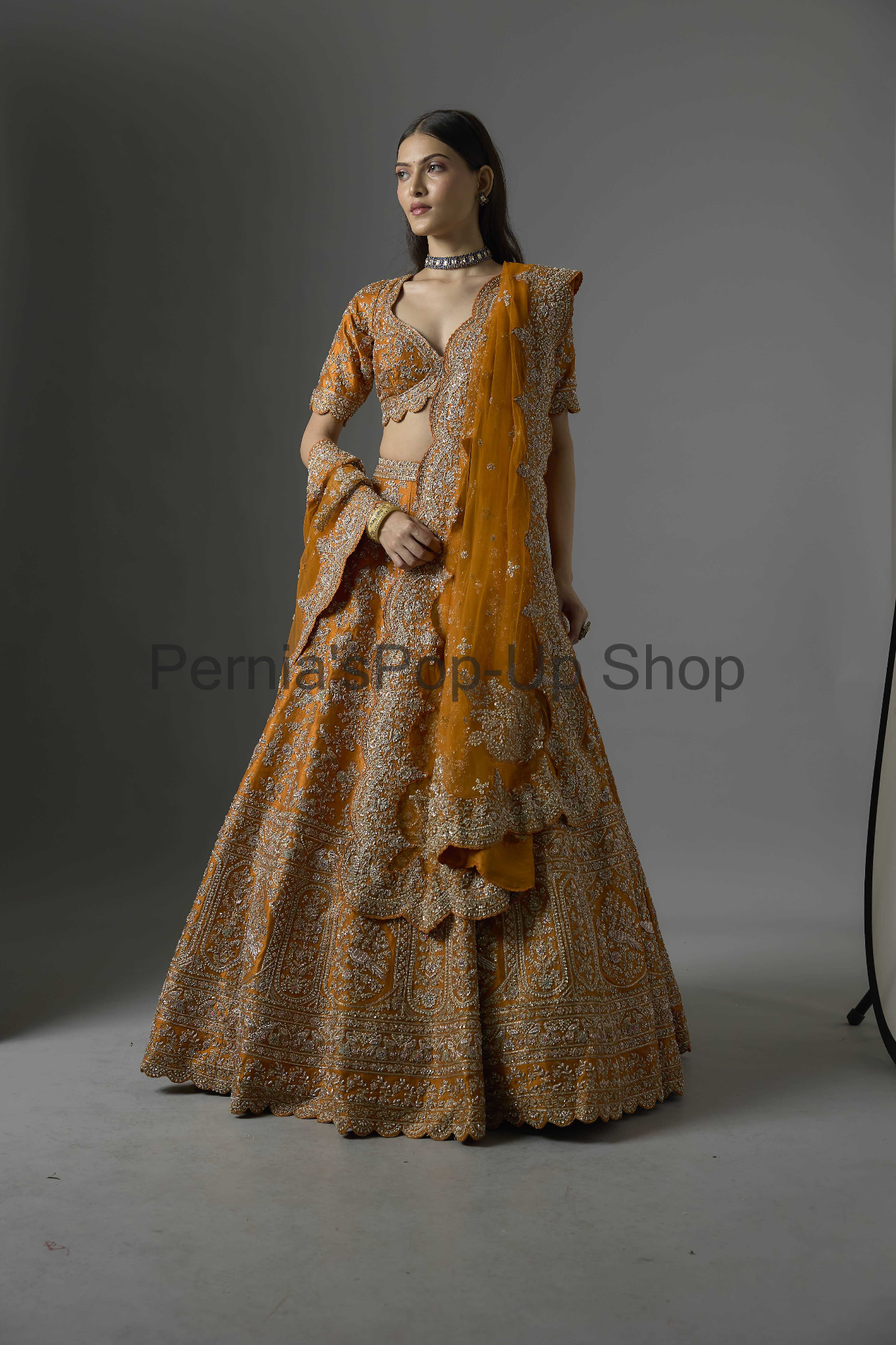 Rust Raw Silk Zari Hand & Machine Embroidered Lehenga Set