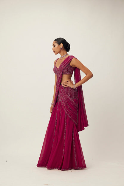 Ruby Red Pre Draped Crystal Embellished Saree Set