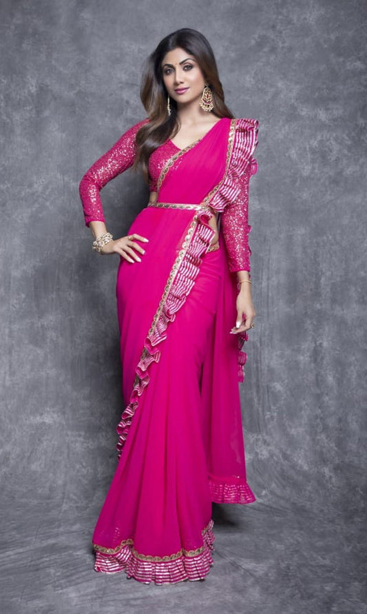 SHILPA SHETTY In Fuschia Pink Ruffle saree set
