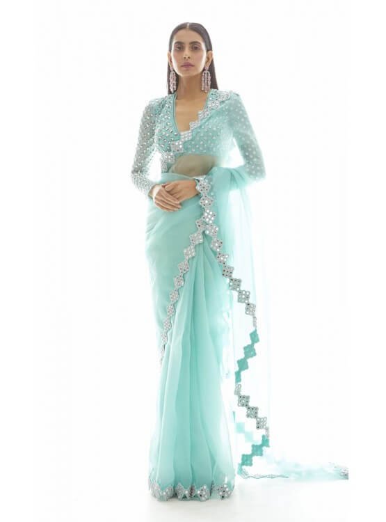 Biscay Green Organza Mirror Border Saree Set