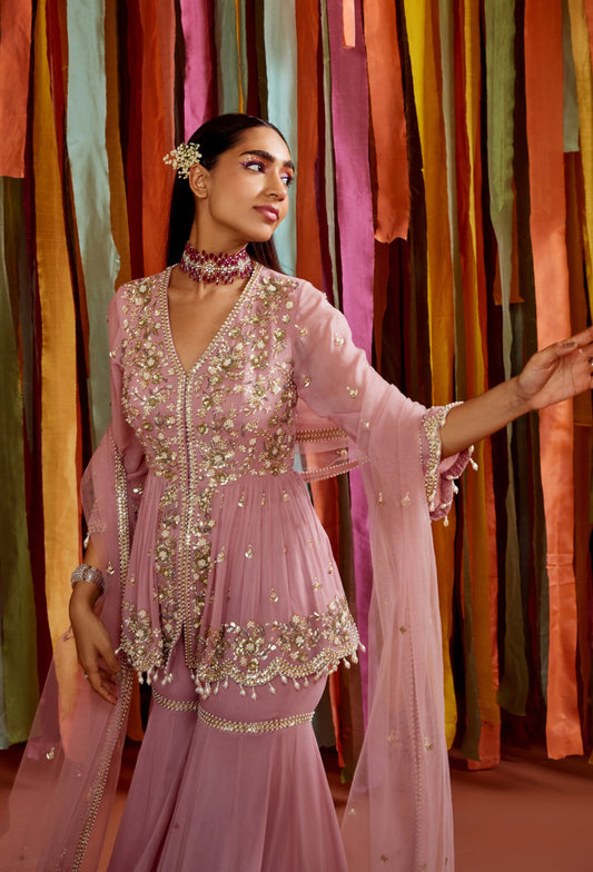 MAUVE PEPLUM AND SHARARA SET