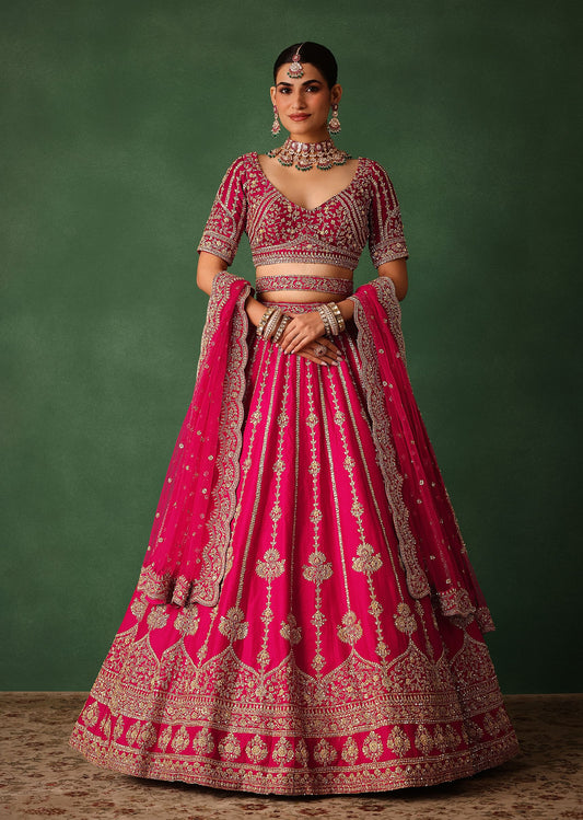 Cherry Red Hand Embroidered Raw Silk Lehenga Set With Dupatta