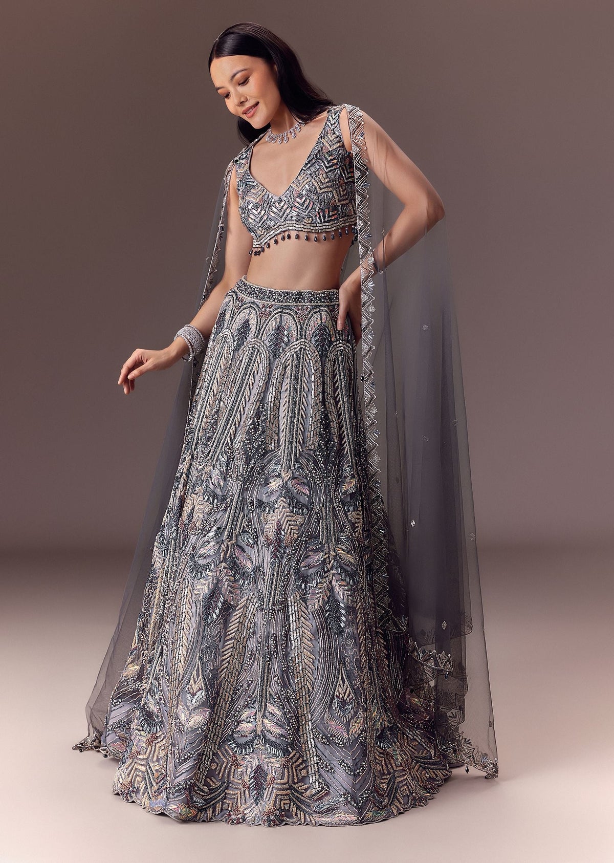 Grey Shimmer Net Lehenga Set With Cape Style Dupatta