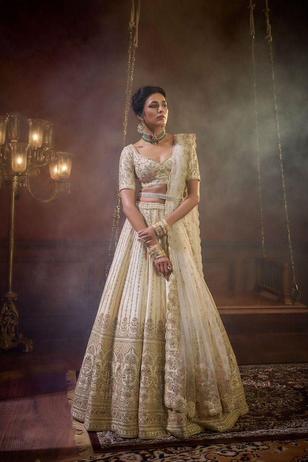 Ivory Raw Silk Hand & Machine Embroidered Lehenga Set