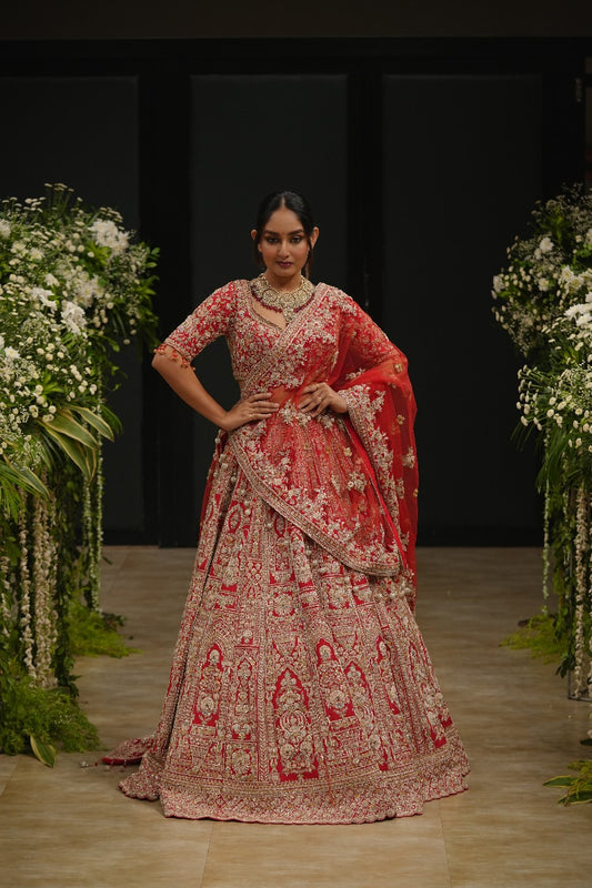 Red Raw Silk Zari Hand & Machine Embroidered Lehenga Set