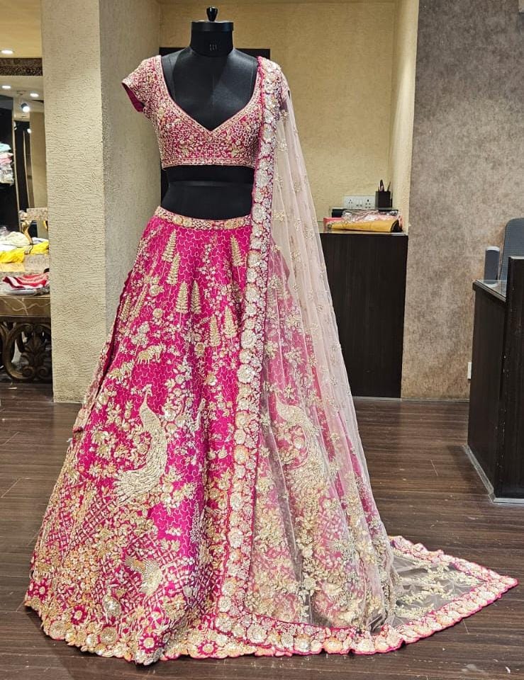 Rani Pink Raw Silk Zari Hand & Machine Embroidered Lehenga Set