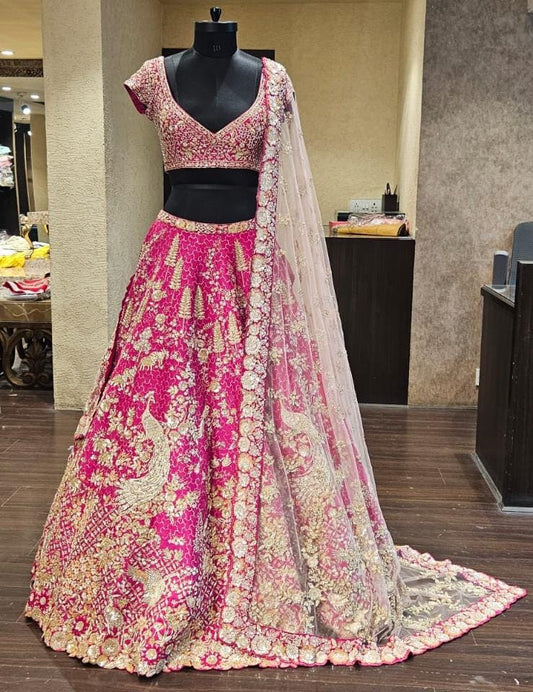 Rani Pink Raw Silk Zari Hand & Machine Embroidered Lehenga Set