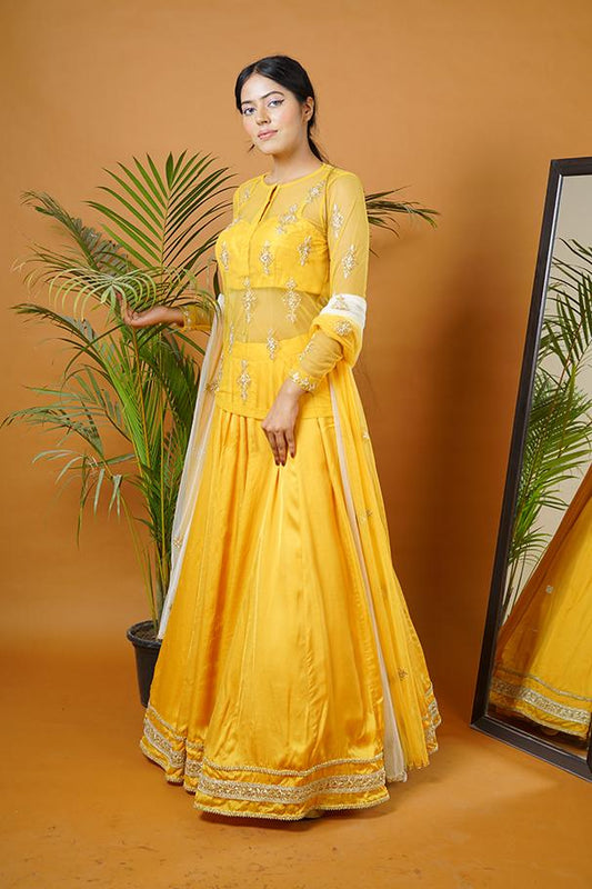 Mustard kurti with bustier ,skirt and dupatta